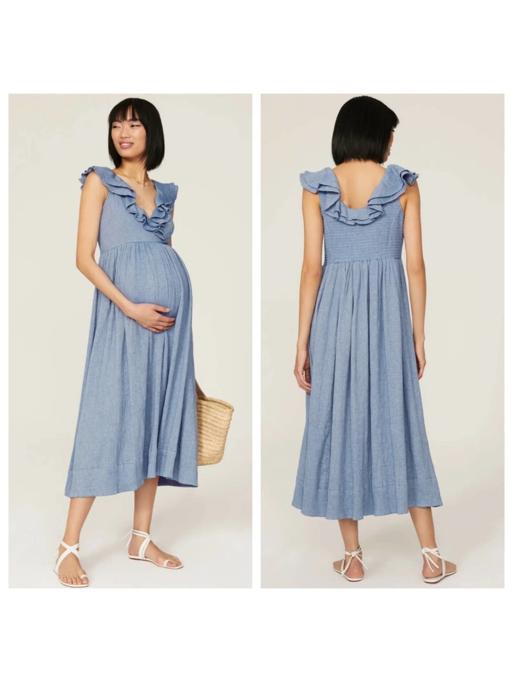 Hatch Light Blue Ruffled V-Neck Maternity Midi Dress